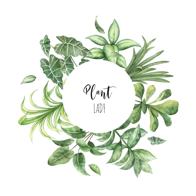 Vector watercolor vector frame with green houseplants plant lady card