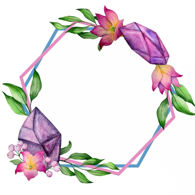 Watercolor vector frames with flowers and gemstones