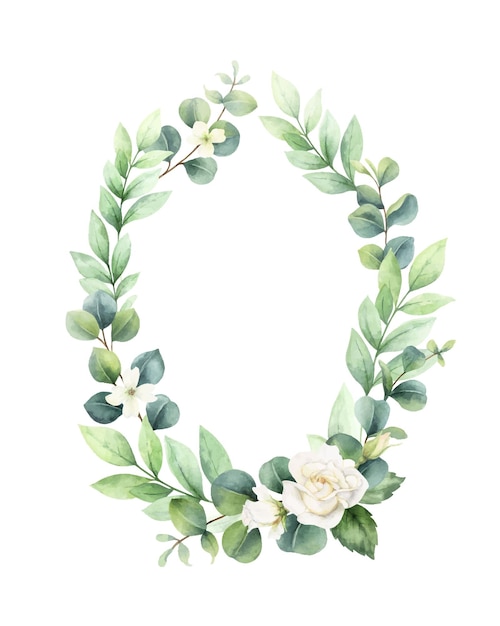 Watercolor vector hand painted wreath with green eucalyptus leaves and roses