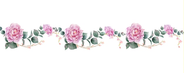 Vector watercolor vector hand painting horizontal banner of peony flowers and green leaves