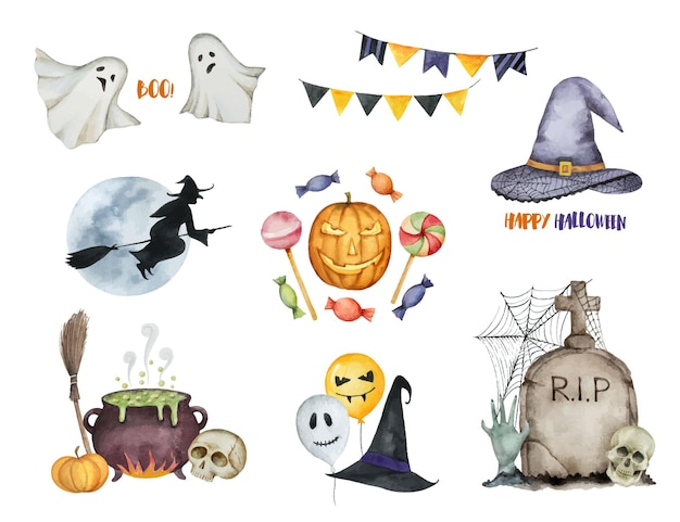 Vector watercolor vector happy halloween set of elements isolated on a white background