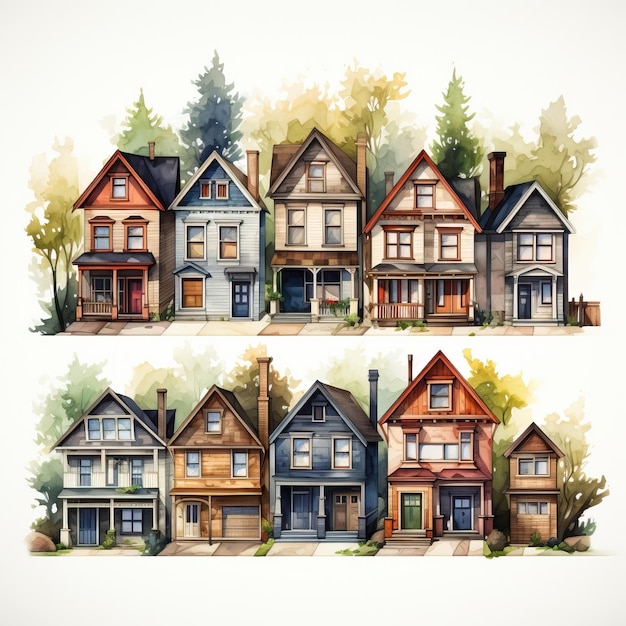 Vector watercolor vector house icons on white background