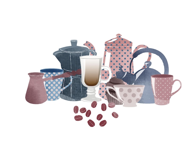 Watercolor vector illustration of coffee und elements