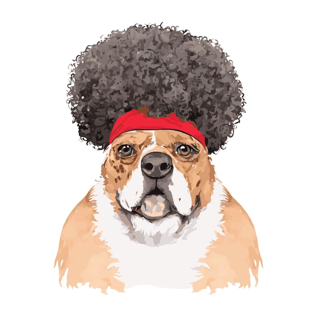 watercolor vector illustration of a Cute dog With Afro hair wig on a white background