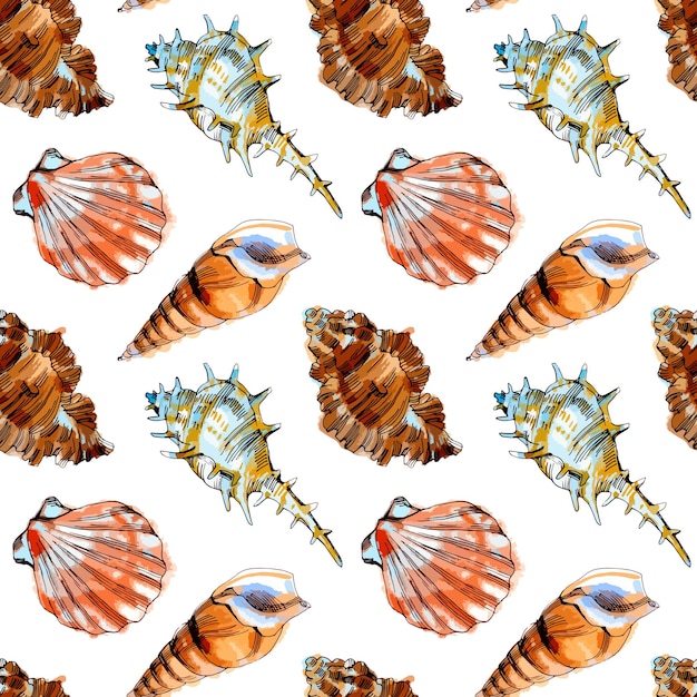 Watercolor vector illustration of seamless pattern with sea shells