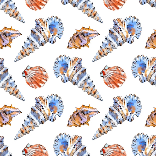 Watercolor vector illustration of seamless pattern with sea shells