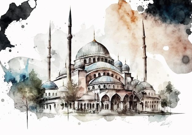 Watercolor Vector Illustration of Selimiye Mosque's Elegance