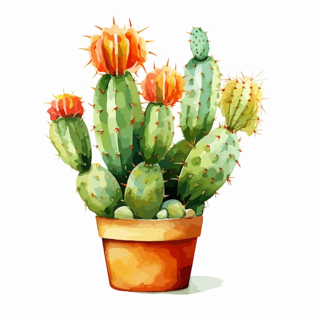 Watercolor vector illustration of a set of cacti and succulent plants on a white background