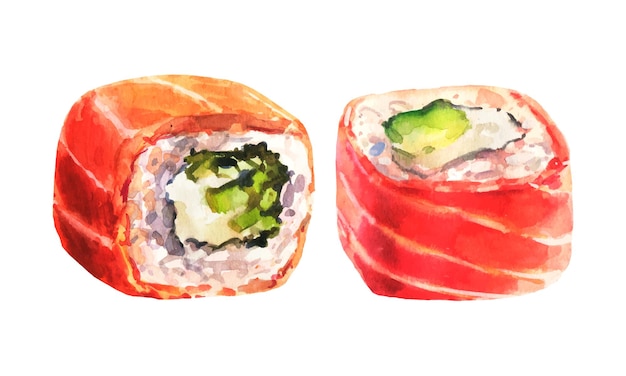 Watercolor vector illustration set of sushi maki philadelphia with cream cheese and chives.