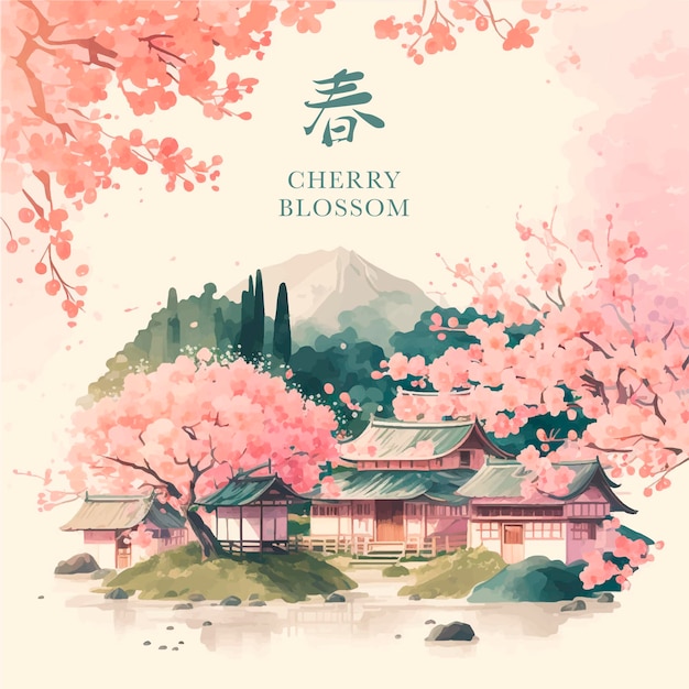 Watercolor vector landscape of cherry blossoms in japanese park