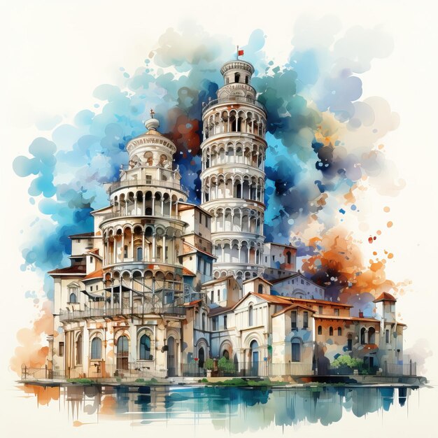 Watercolor Vector Leaning Tower of Pisa On White Backgrou