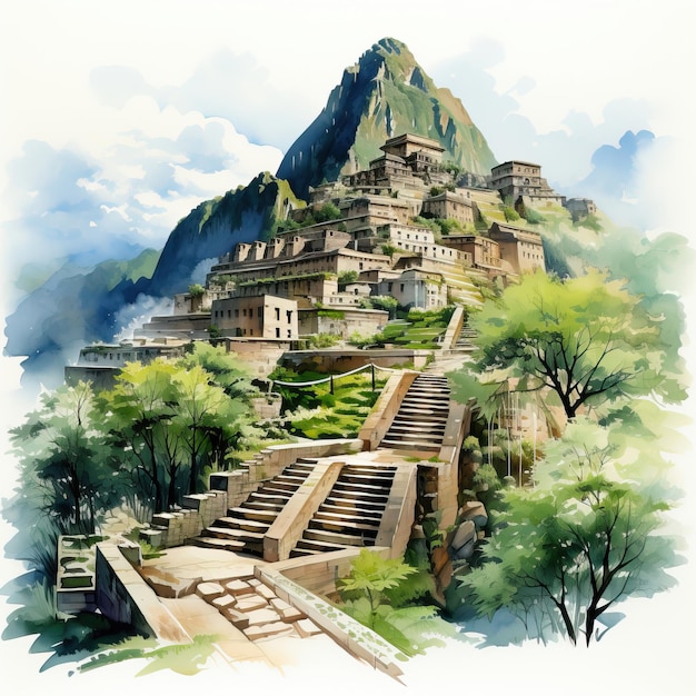 Vector watercolor vector machu picchu huayna picchu on white bac