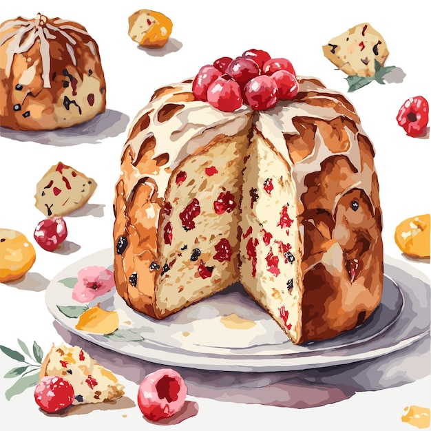 Watercolor vector Panettone pastry clipart editable white background