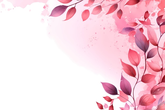 Watercolor vector pink branches and leaves on a white background