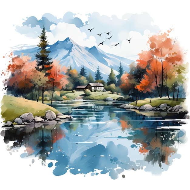 Watercolor Vector Plitvice Kozjak Lake On White Backgroun