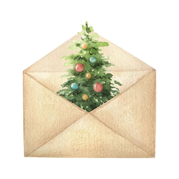 Watercolor vector postal envelope with green Christmas tree