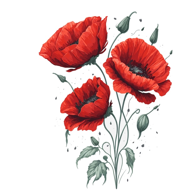 Watercolor Vector Red poppy Clipart floral bouquet editable