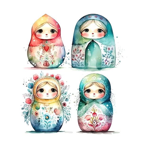 Watercolor vector Russia matryoshka set doll flowers Russian Day