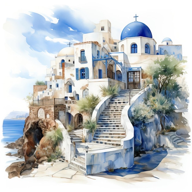 Vector watercolor vector santorini whitechitecture on white b