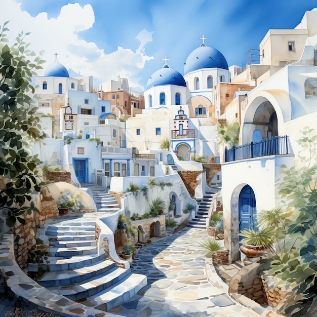 Vector watercolor vector santorini whitechitecture on white b