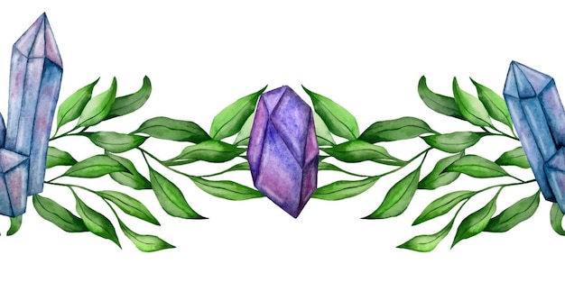 Vector watercolor vector seamless border with gemstones and flowers