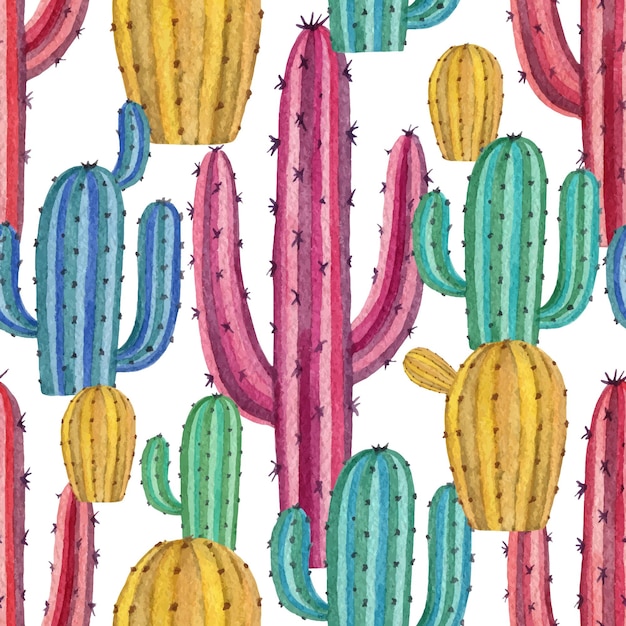 Watercolor vector seamless pattern of cacti and succulent plants isolated on white background