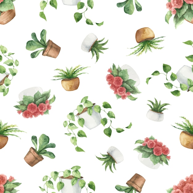 Watercolor vector seamless pattern of indoor green plants in pots