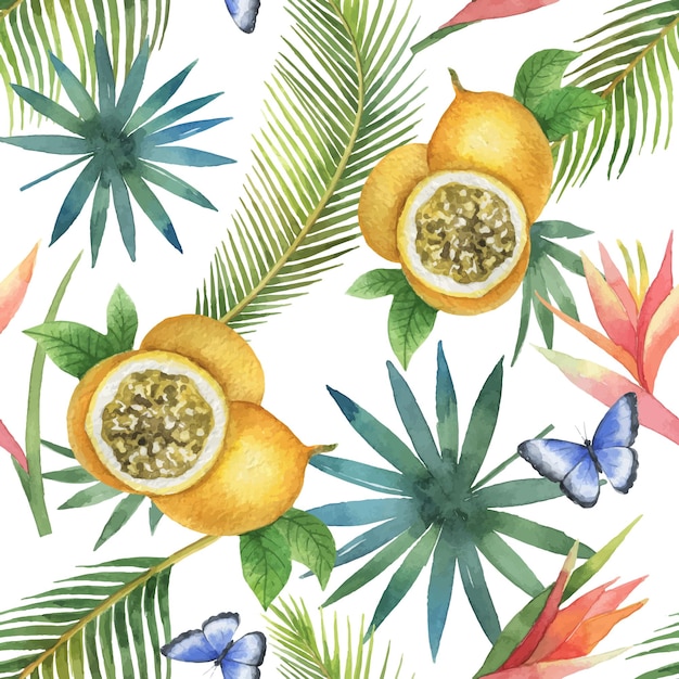 Watercolor vector seamless pattern of passion fruit and palm trees isolated on white background