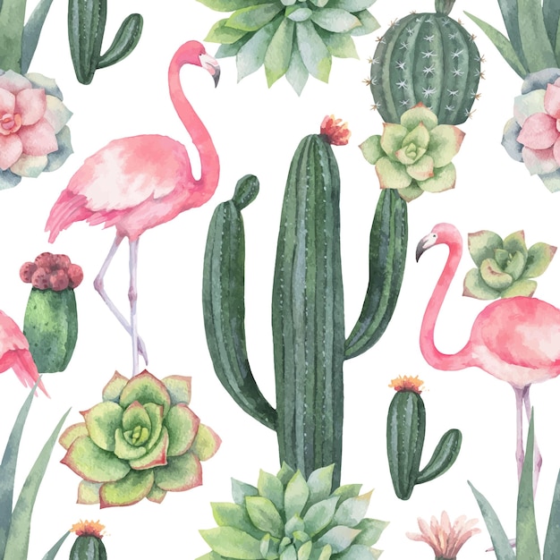 Watercolor vector seamless pattern of pink flamingo cacti and succulent plants isolated on white background