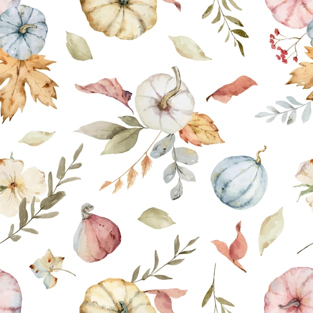 Watercolor vector seamless pattern with colorful pumpkins and leaves