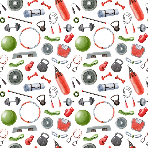 Watercolor vector seamless pattern with fitness equipment isolated on white background