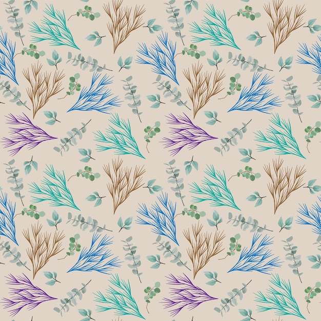 Watercolor vector seamless pattern with plants and leaves