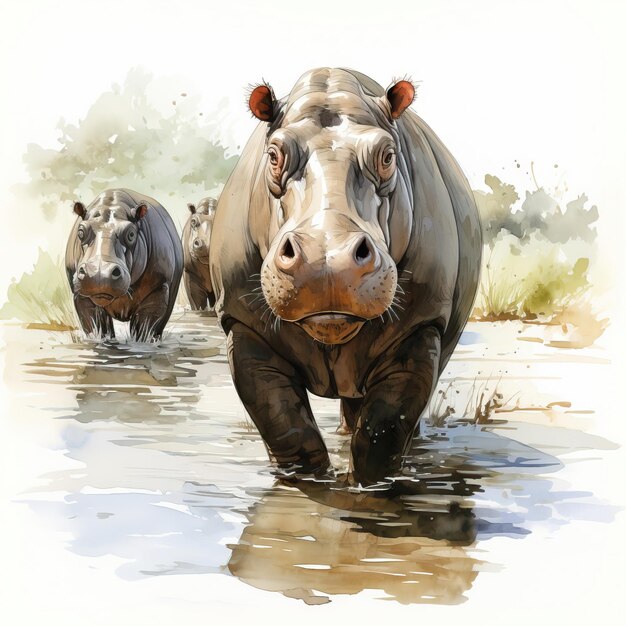 Vector watercolor vector serengeti hippos on white background