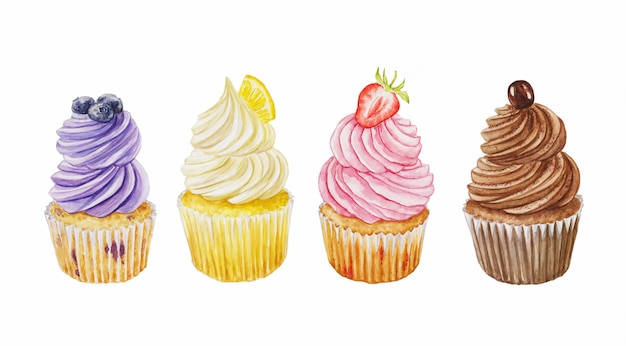 Watercolor vector set of cupcakes with bluebery, chocolate, strawberry and banana isolated on a white