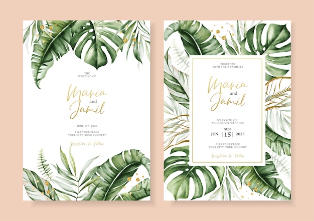 Vector watercolor vector set wedding invitation card template design with tropical leaves frame