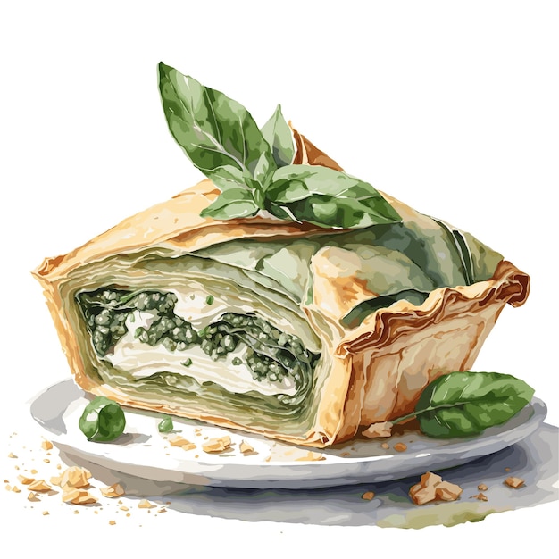Watercolor vector spanakopita pastry clipart editable white background