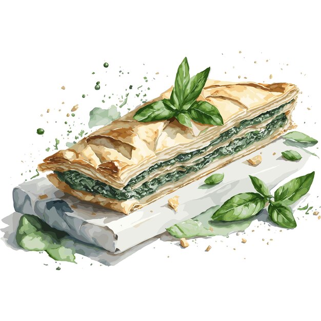 Vettore acquerello vettore spanakopita pasticceria clipart sfondo bianco modificabile