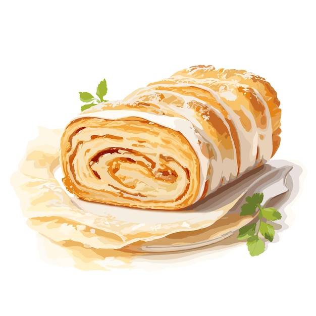 Watercolor vector strudel pastry clipart editable white background