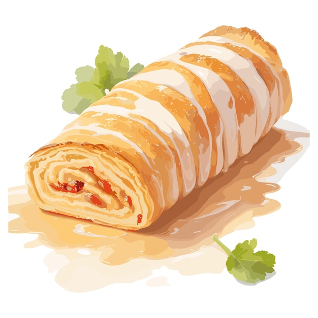 Vector watercolor vector strudel pastry clipart editable white background