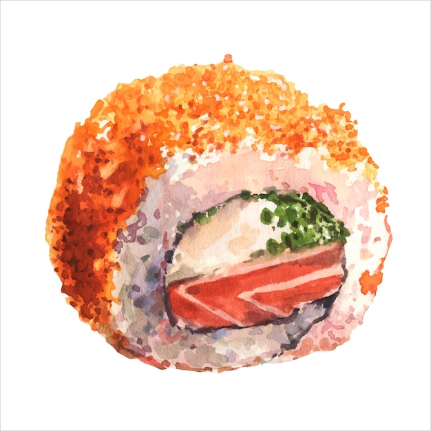 Акварельные векторные суши Калифорния со сливочным сыром, зеленым луком и лососем.
