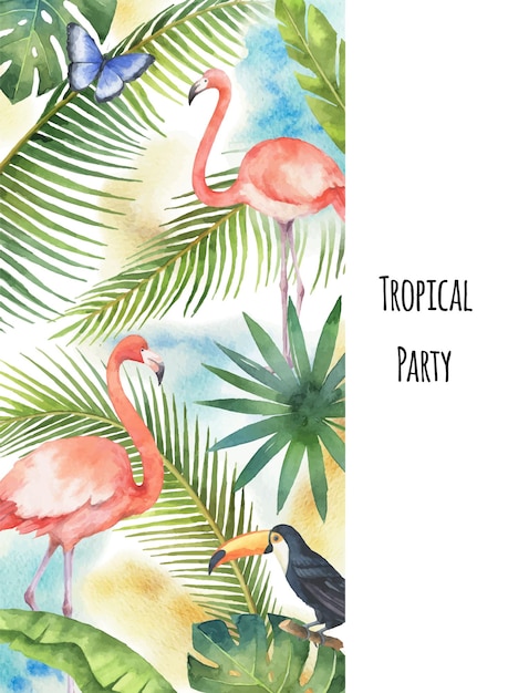 Banner verticale vettoriale ad acquerello foglie tropicali flamingo e toucan isolati su sfondo bianco