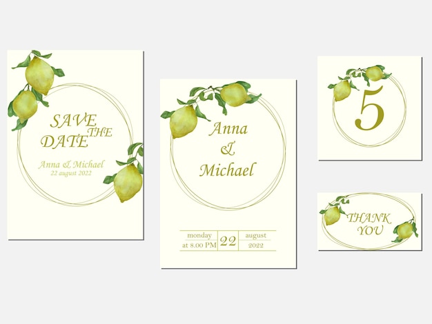 Watercolor vector wedding stationery template, invitation with yellow lemons