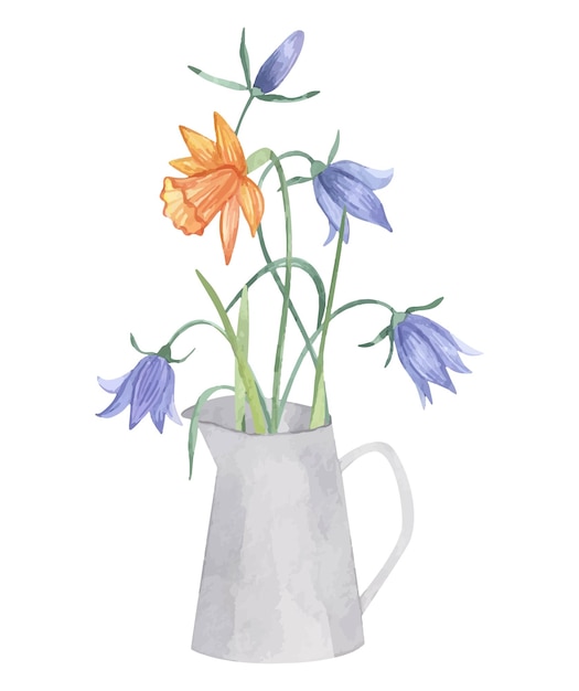 Watercolor vector wild herbs flowers in watering can and jug Hand drawn botanical flowers