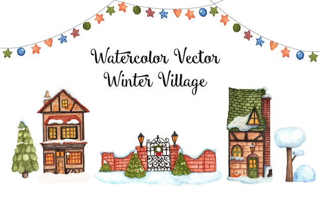 Vector watercolor vector winter village