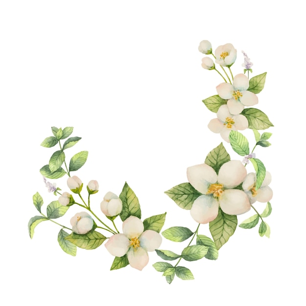 Vector watercolor vector wreath of flowers and branches jasmine isolated on a white background