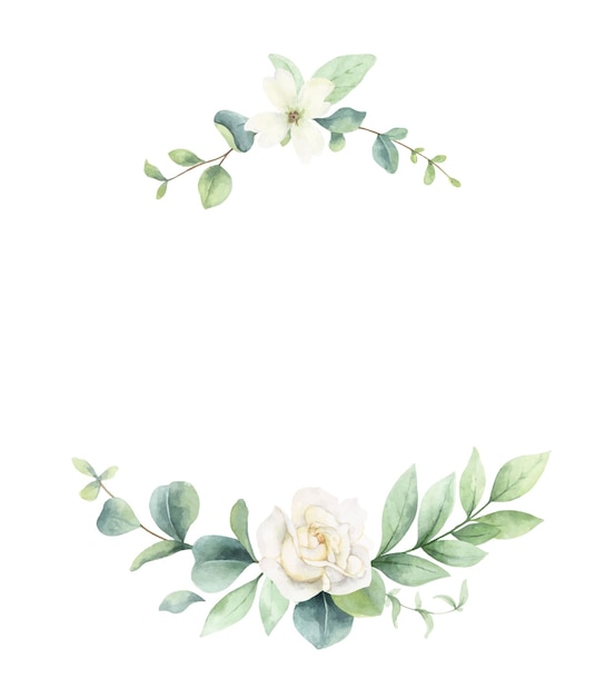 Vector watercolor vector wreath of green branches and flowers