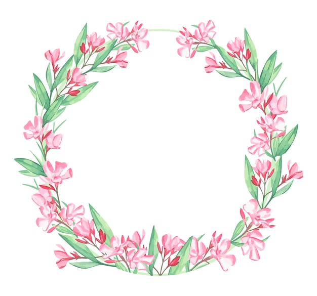 Watercolor vector wreath of oleander flowers and leaves on a white background