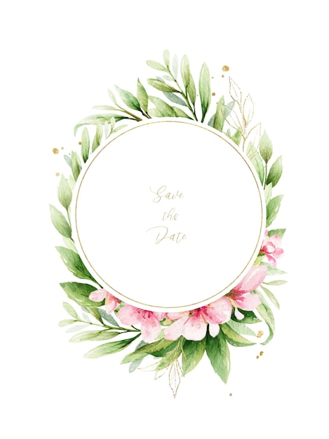 Watercolor vector wreath of pink flowers and green leaves