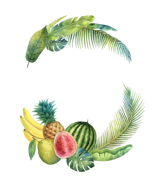 Watercolor vector wreath tropical leaves and fruits isolated on white background