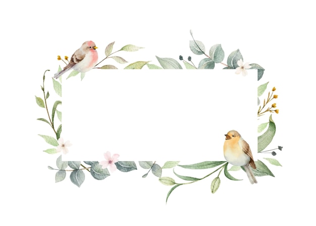 Watercolor vector wreath with green branches and birds